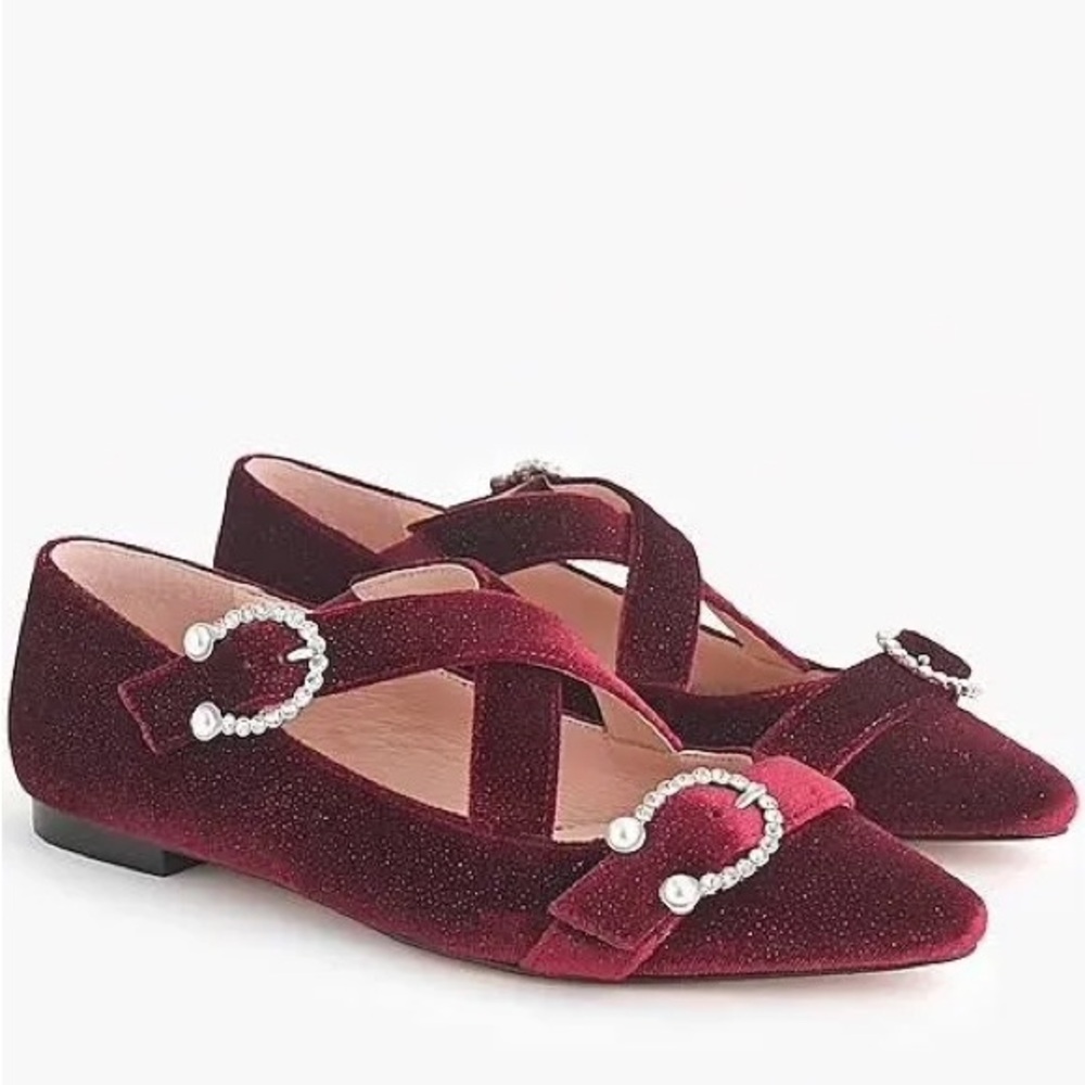 J Crew Velvet Cross Strap Marina Flat Burgundy Metallic size 9 GUC